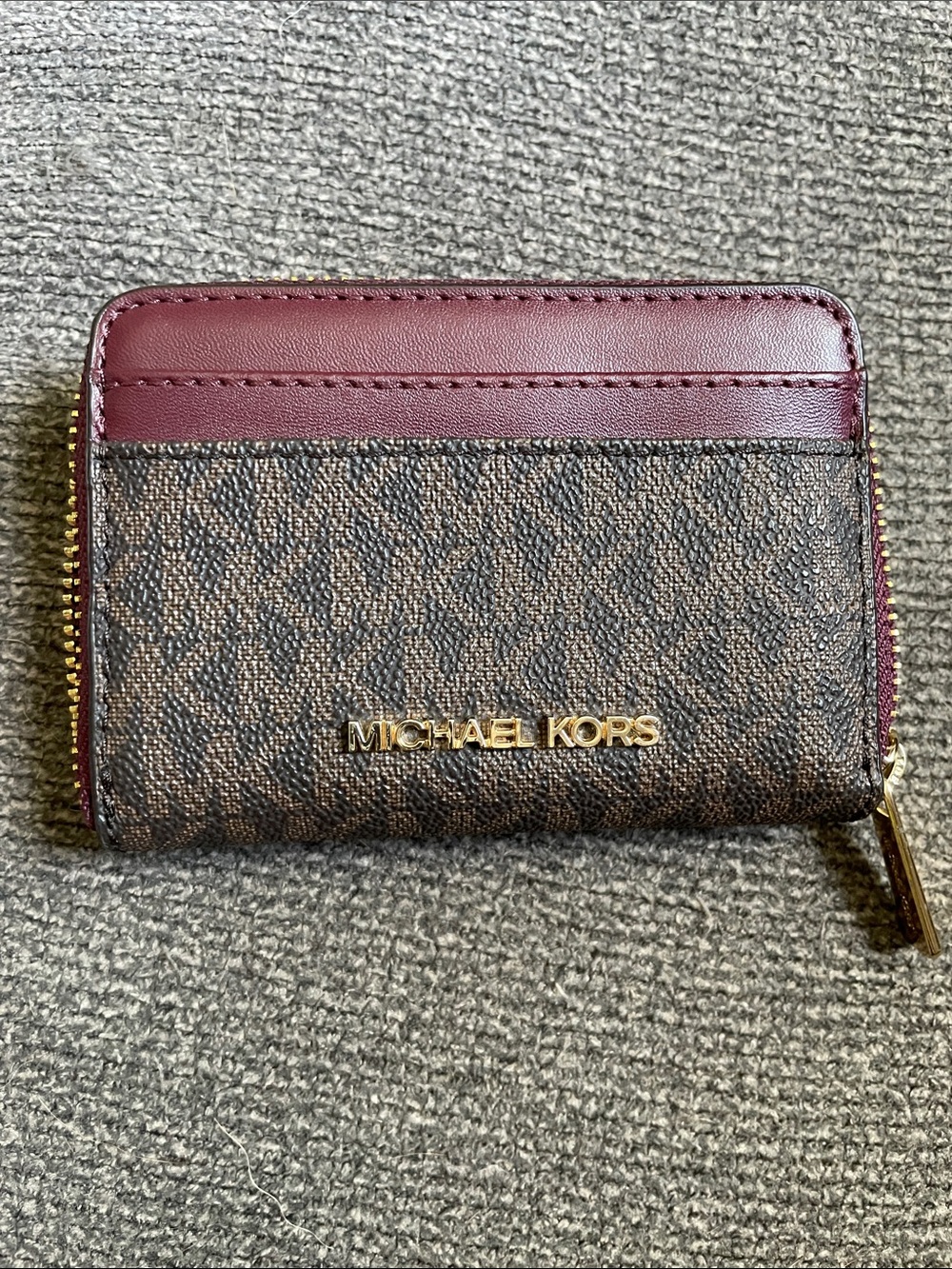 Michael Kors Brown Logo Card Holder with Burgundy Trim and Gold Hardware